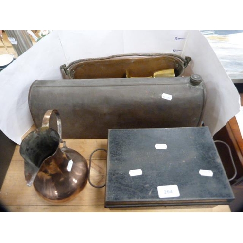 264 - Group of copper to include planter, water container, jug, goblet, also a toleware cash tin.