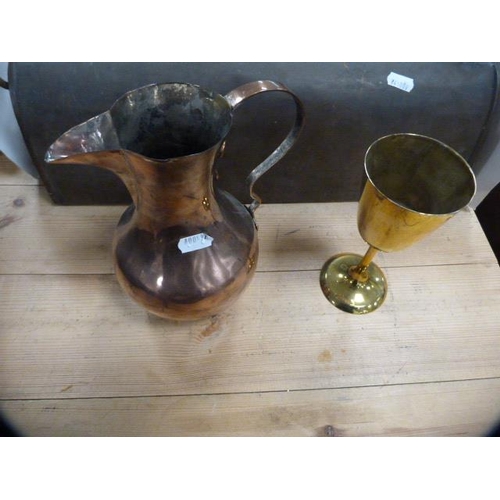 264 - Group of copper to include planter, water container, jug, goblet, also a toleware cash tin.