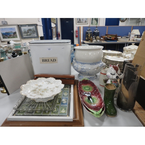 269 - Enamel bread bin, sampler, chamber pot, vase, ornaments etc.