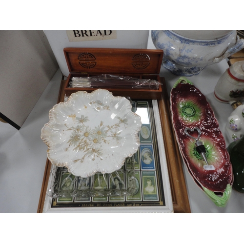 269 - Enamel bread bin, sampler, chamber pot, vase, ornaments etc.