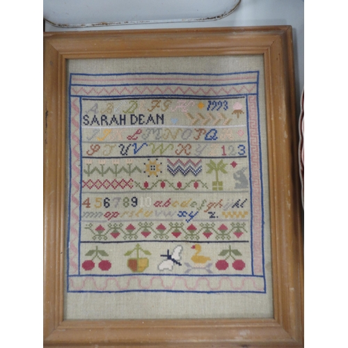 269 - Enamel bread bin, sampler, chamber pot, vase, ornaments etc.