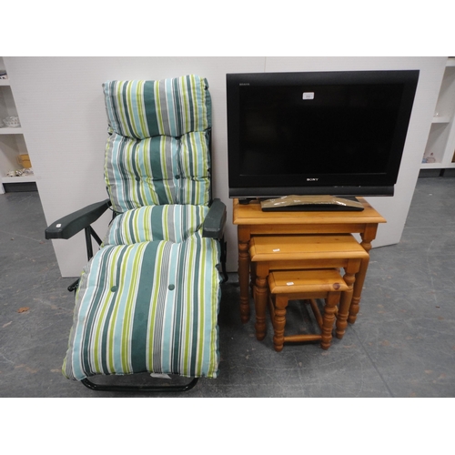 292 - Sony Bravia television, garden chair and a modern pine nest of three tables.