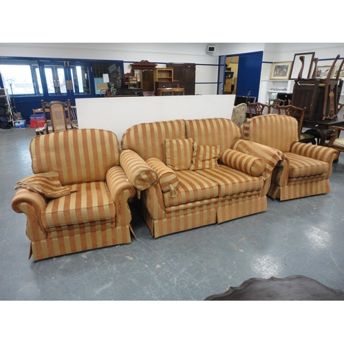 300 - Three-piece upholstered lounge suite comprising a two-seater sofa and a pair of armchairs with cushi... 