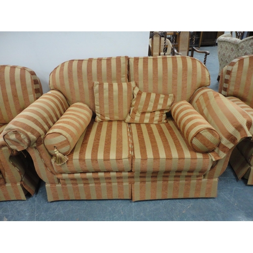 300 - Three-piece upholstered lounge suite comprising a two-seater sofa and a pair of armchairs with cushi... 