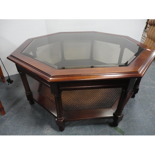 308 - Modern octagonal coffee table with bergère undertier, a similar square lamp table and a Celcus porta... 