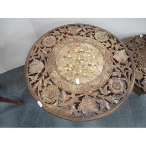 310 - Indian-style teak occasional table and another two, similar.  (3)