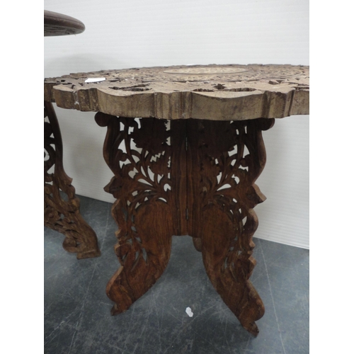 310 - Indian-style teak occasional table and another two, similar.  (3)
