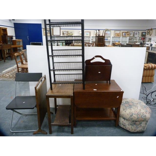 313 - Modern stand, folding chair, fire screen, tea trolley, two-tier table, magazine rack and a pouffé.