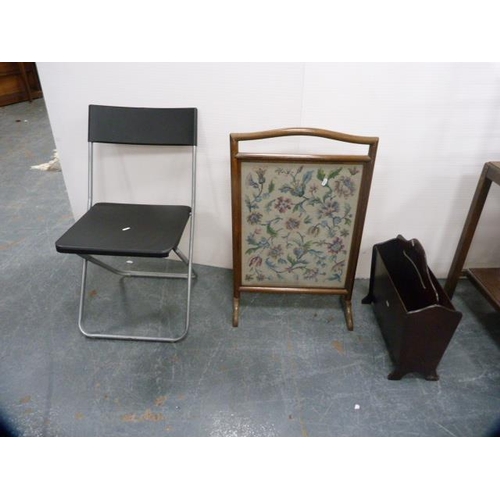 313 - Modern stand, folding chair, fire screen, tea trolley, two-tier table, magazine rack and a pouffé.