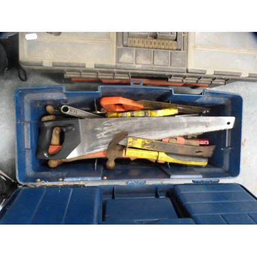 337 - Toolboxes and boxes containing a large quantity of tools to include pipe cutter, levels, hammers, sa... 