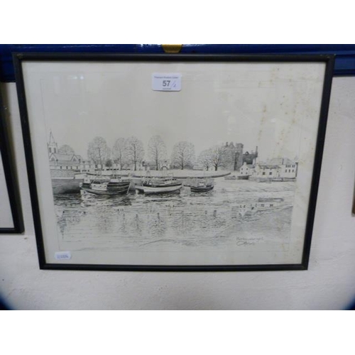 57 - Four pictures to include a print by William Miles Johnston, Kirkcudbright Harbour, The Tolbooth, Kir... 