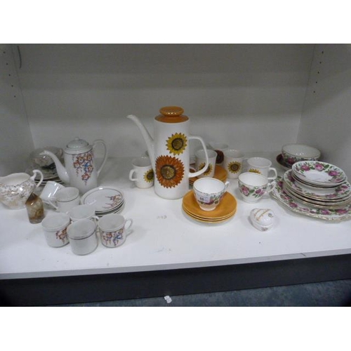 86 - Studio pottery part coffee set, Paragon part tea set etc (one shelf).