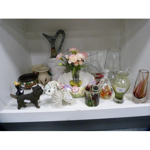 88 - Glassware and ornaments to include vases, bowl, posy ornaments etc (one shelf).