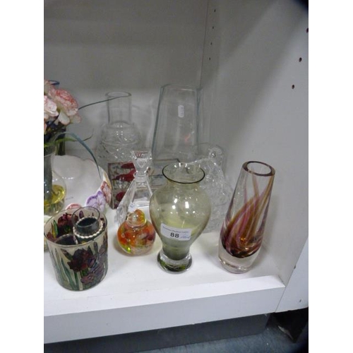 88 - Glassware and ornaments to include vases, bowl, posy ornaments etc (one shelf).