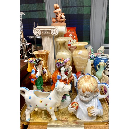 326 - Tray to include Classical-style pillar busts, baluster vases, Noritake teapot, German-style porcelai... 