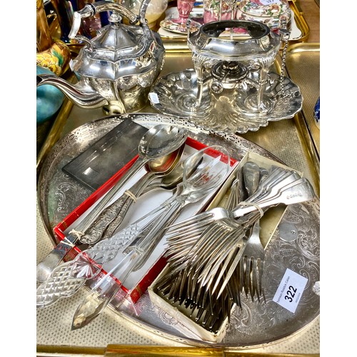 322 - Quantity of silver plated items to include cutlery, tray, teapot, etc