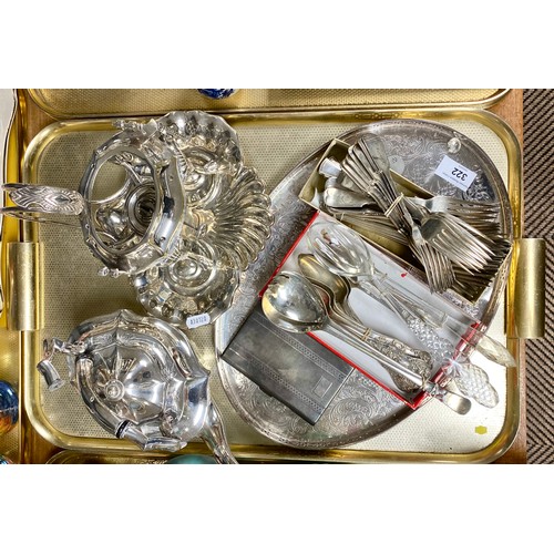 322 - Quantity of silver plated items to include cutlery, tray, teapot, etc