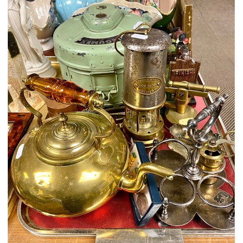 320 - Tray to include brass kettle, miner's lamp, Legumex vegetable peeler, etc 