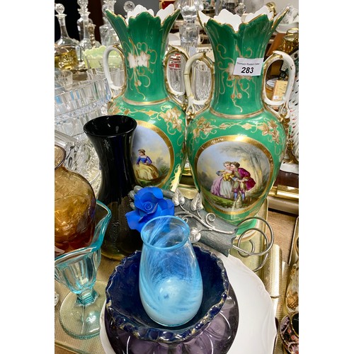 283 - Pair of Continental-style vases, decorative glassware, crystalware, etc