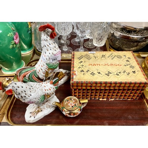 282 - Boxed Mah-Jongg game, two hand-painted cockerel figures, etc