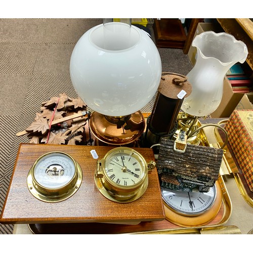 280 - Brass lamp, copper lamp, cuckoo clock, etc