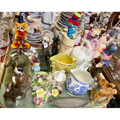 252 - Murano glass clown, two whisky jugs,embossed red kettle, posy vases, Japanese figures etc.