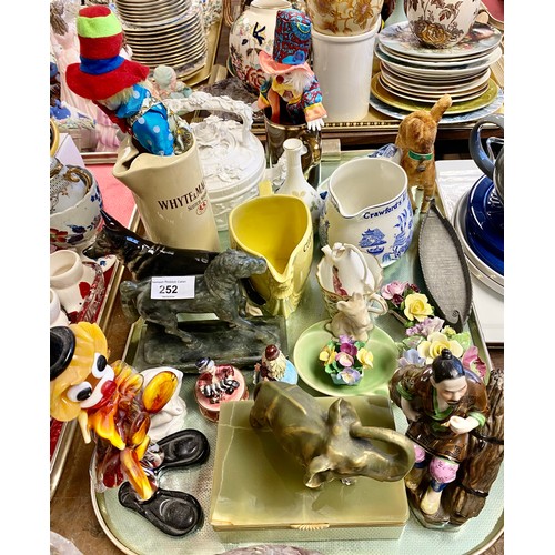 252 - Murano glass clown, two whisky jugs,embossed red kettle, posy vases, Japanese figures etc.