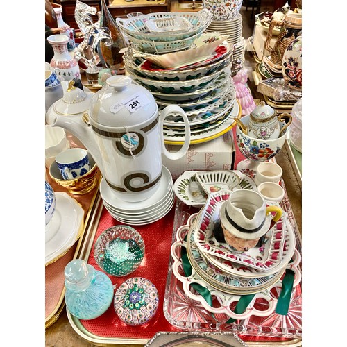 251 - Collection of decorating ceramics to include ribbon plates, paperweight, coffee pot etc.