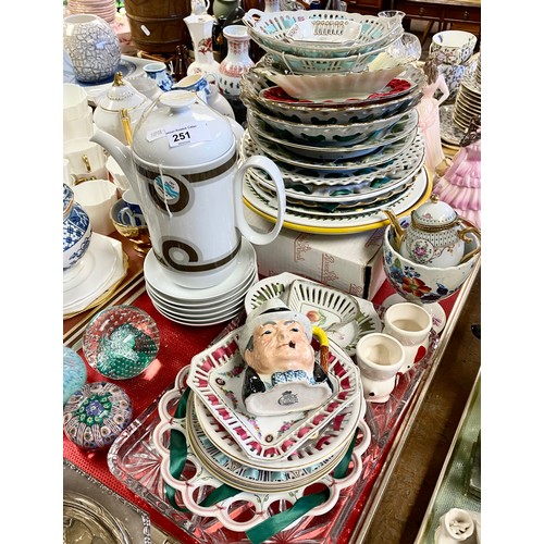 251 - Collection of decorating ceramics to include ribbon plates, paperweight, coffee pot etc.