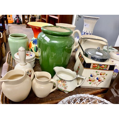 241 - Antique pottery floral decorated jug, biscuit barrel, ginger jar, jugs etc.