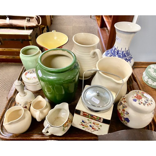 241 - Antique pottery floral decorated jug, biscuit barrel, ginger jar, jugs etc.