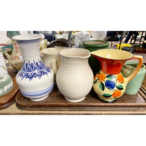 241 - Antique pottery floral decorated jug, biscuit barrel, ginger jar, jugs etc.