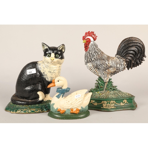 481 - Three various cast iron door stops, duck, cat, cockeral (3)