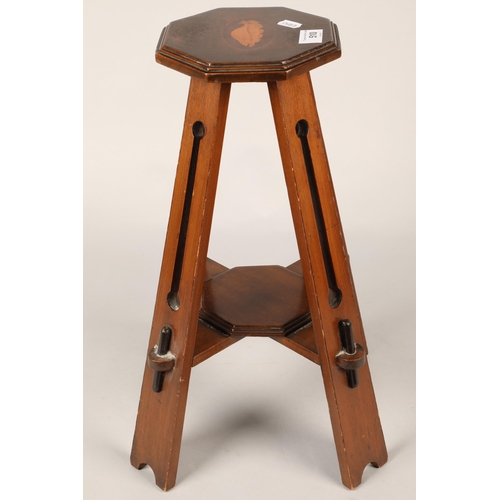 510 - Mahogany arts and crafts plant stand, with marquetry shell on the top, 46 cm high