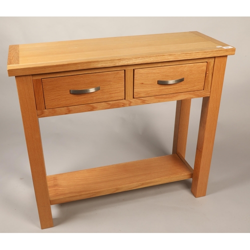 522 - Contemporary light oak hall table with two fitted drawers, 85 x 75 x 32 cm