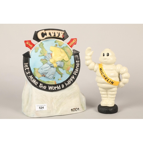 524 - Repro cast iron Michelin Bibendum man, 23 cm high, Civvy jeans ceramic advertisement, 31 cm high (2)