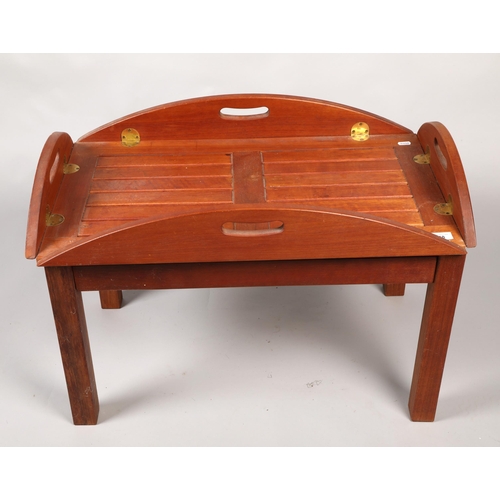 548 - Teak butlers tray and stand with brass mounts,