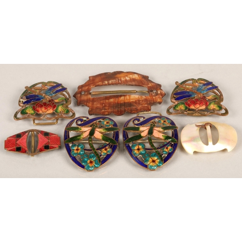 125 - Quantity of various buckles, including enamel, shell etc