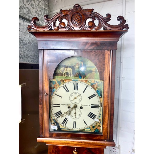 559 - Grandfather clock by J. Newlands, Kilmarnock. Painted dial depicts Continental-style farming scene a... 