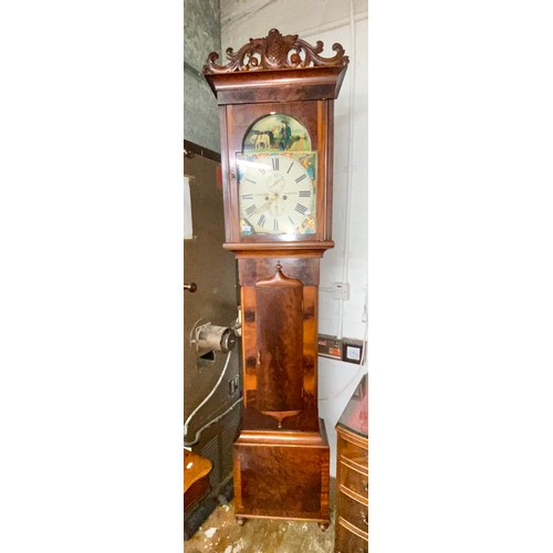 559 - Grandfather clock by J. Newlands, Kilmarnock. Painted dial depicts Continental-style farming scene a... 