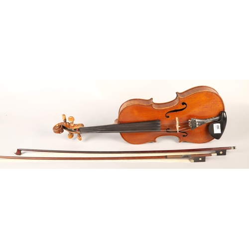 360 - Violin, 'Copy of Antonius Stradivarius, Made in Germany', length of back: 37cm, with bows in case