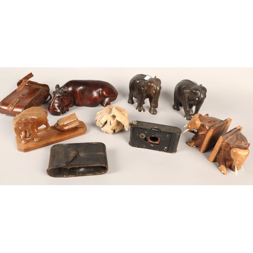 380 - Assorted brass items and wooden figures of animals, etc