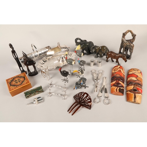 381 - Assorted silver plated items, elephant figurines, etc