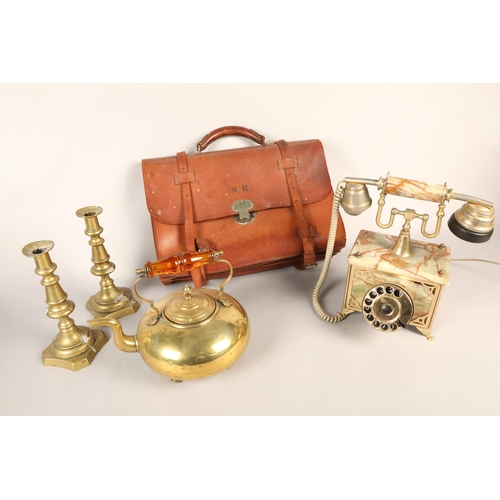 385 - Vintage satchel, brass candlesticks, etc