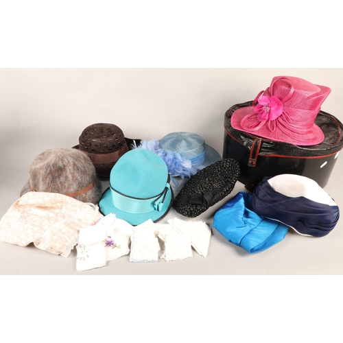 392 - Box containing ladies' hats, wedding hats, lace, etc