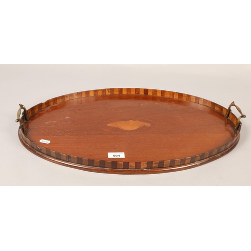 594 - Mahogany twin-handled inlaid tray