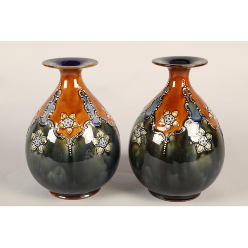 5 - Pair of Royal Doulton Lambeth ware Vases, 22cm high, (restored)