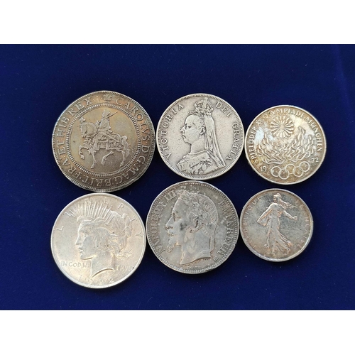 322 - Collection of British and World silver coins to include a 1922 USA dollar, an 1868 French 5F, 1889 d... 