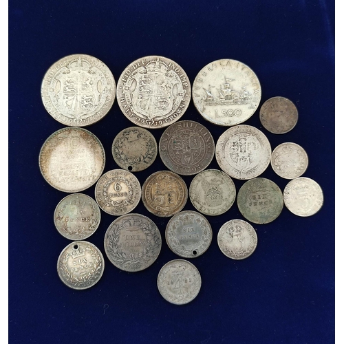 323 - Collection of British and World silver coins to include an 1885 Victoria four pence, 1842 shilling, ... 