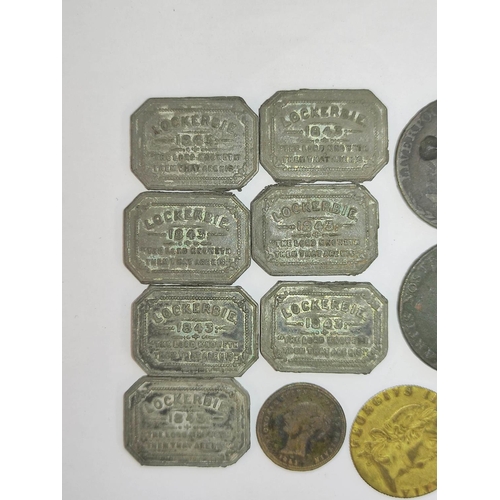 331 - Tokens. Lot to include seven communion tokens dated 1843 issued by Lockerbie Free Church, a 1791 Liv... 